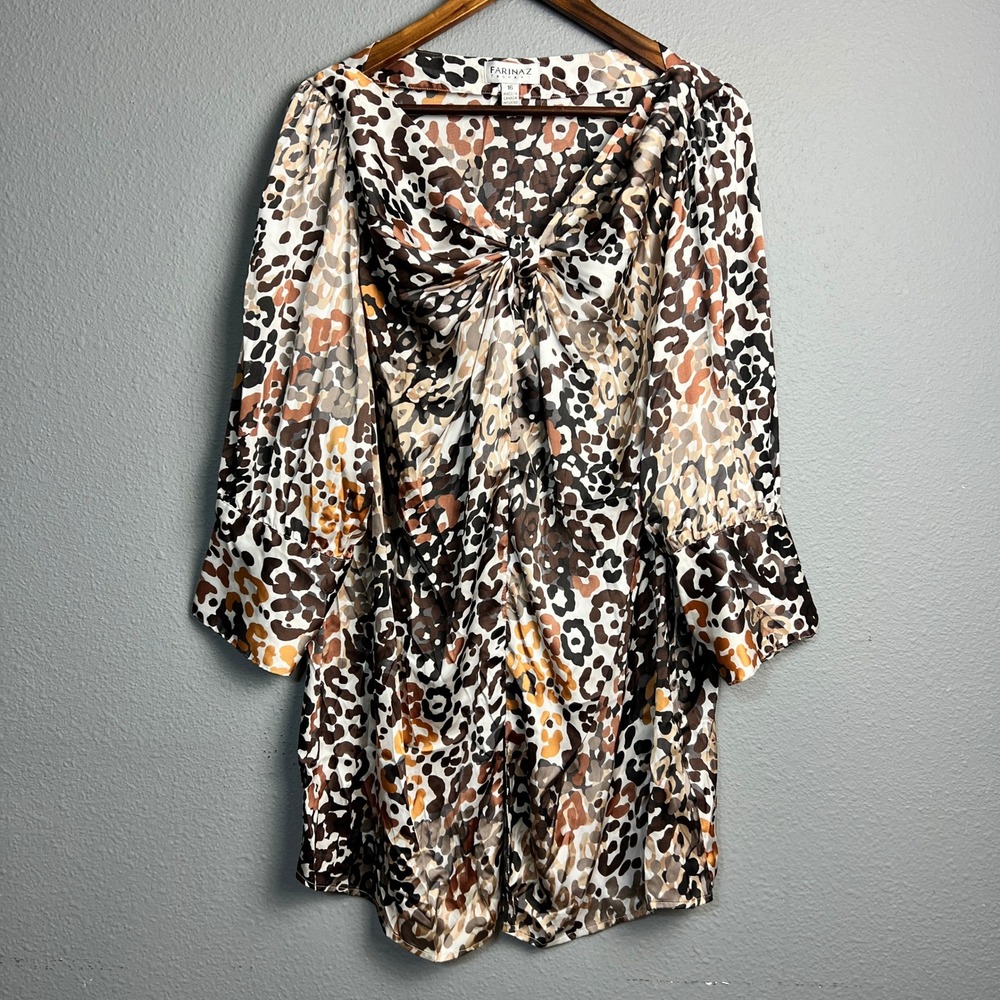 Farinaz Taghavi Abstract Animal‎ Print Mini Dress Tie Front Boho Blouson Sleeve